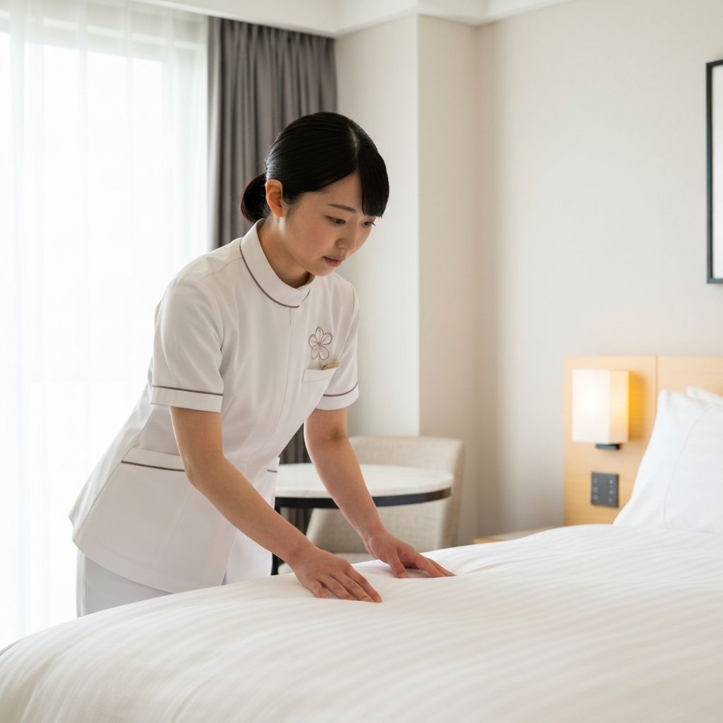 リネンを確認する日本人スタッフ